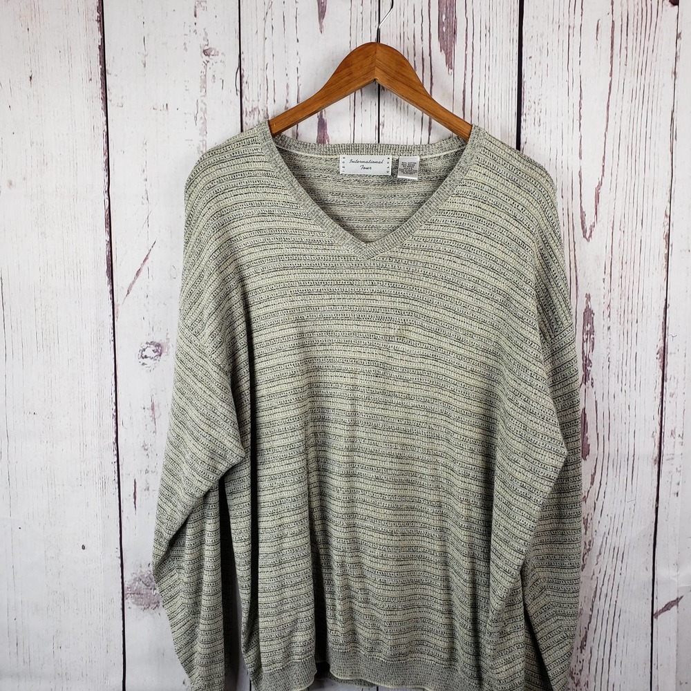 Izod Club International Tour V Neck Sweater Mens Size L Long Sleeve Rayon Green